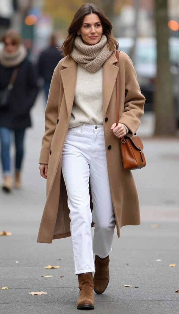 10. Camel Coat, Cashmere Sweater, and White Jeans