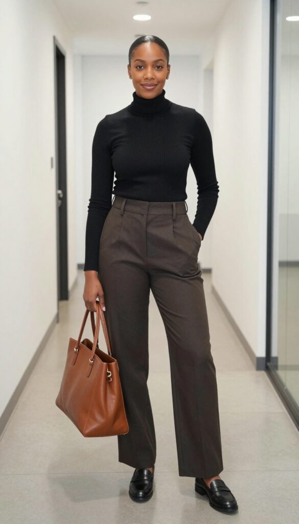3. Wide-Leg Trousers + Fitted Turtleneck + Loafers