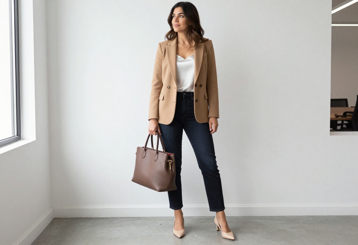 Woman in camel blazer and jeans standing in a bright office