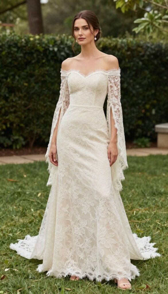 Woman in off-the-shoulder flowy sleeve wedding dress with sweep train, standing in sunlit garden