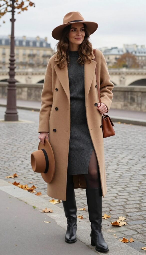 13. Long Wool Coat with a Knit Dress