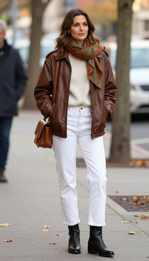 13. White Jeans with a Brown Leather Jacket and a Printed Scarf