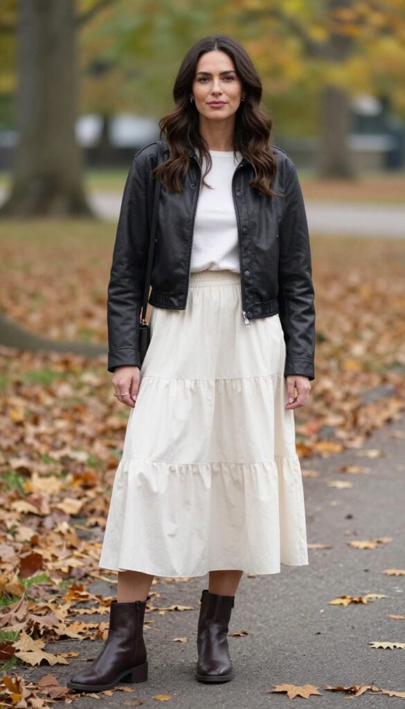 5. Leather Jacket and Tiered Skirt