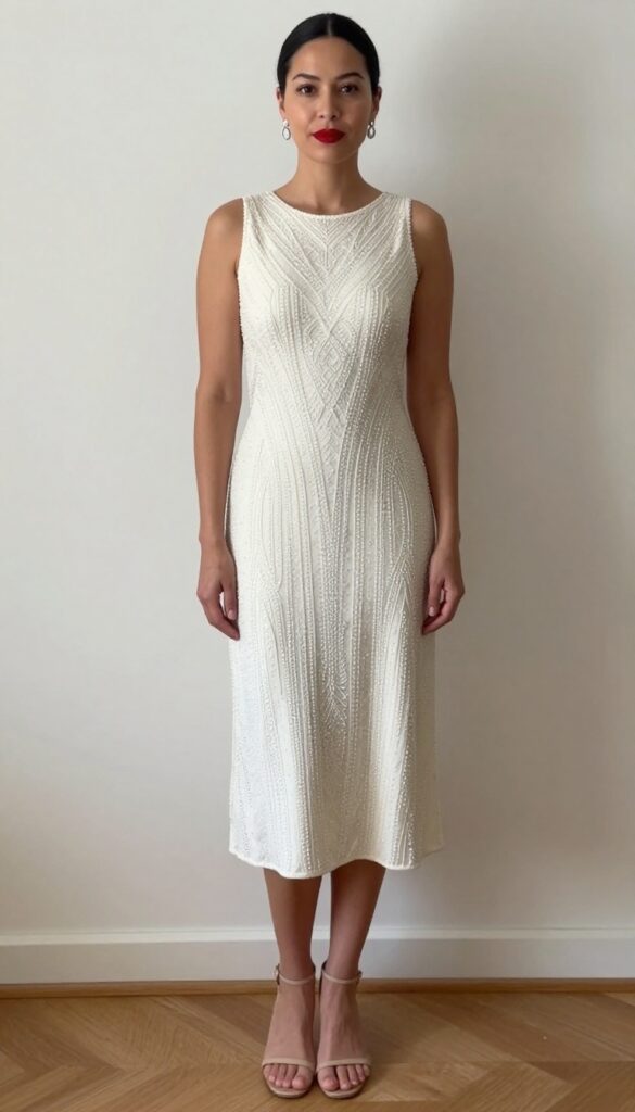 Woman in ivory beaded chemise dress with silver earrings and nude sandals, standing in minimalist room