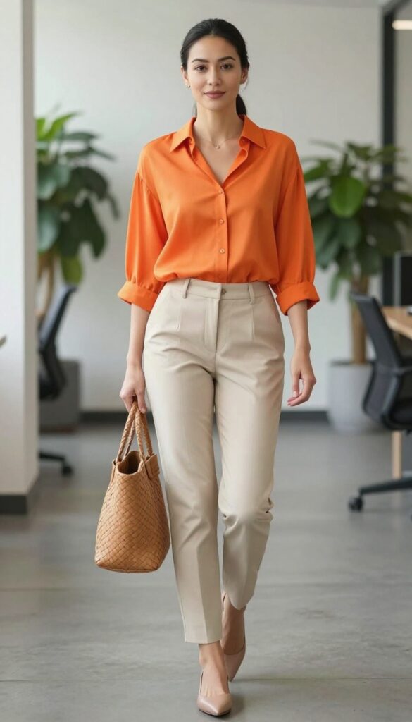 6. Orange Blouse + Beige Tapered Pants