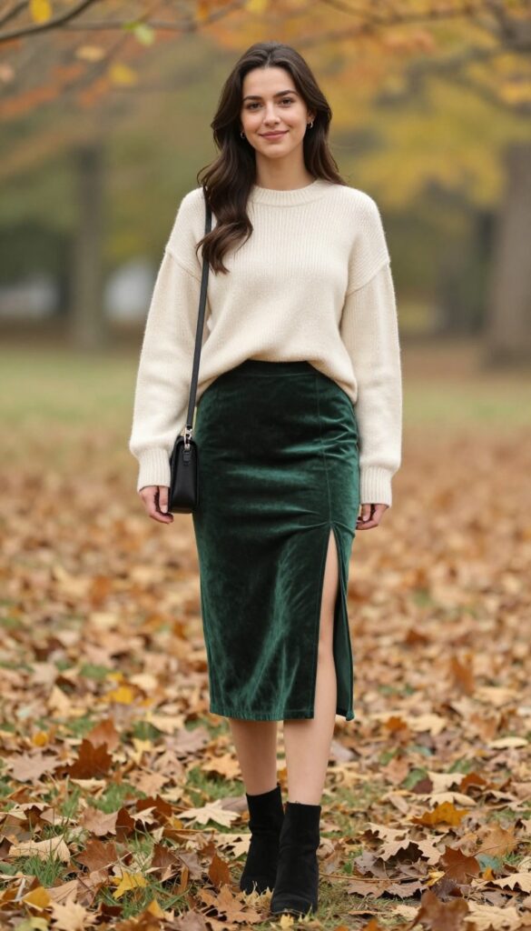 9. Cashmere Sweater and Velvet Skirt