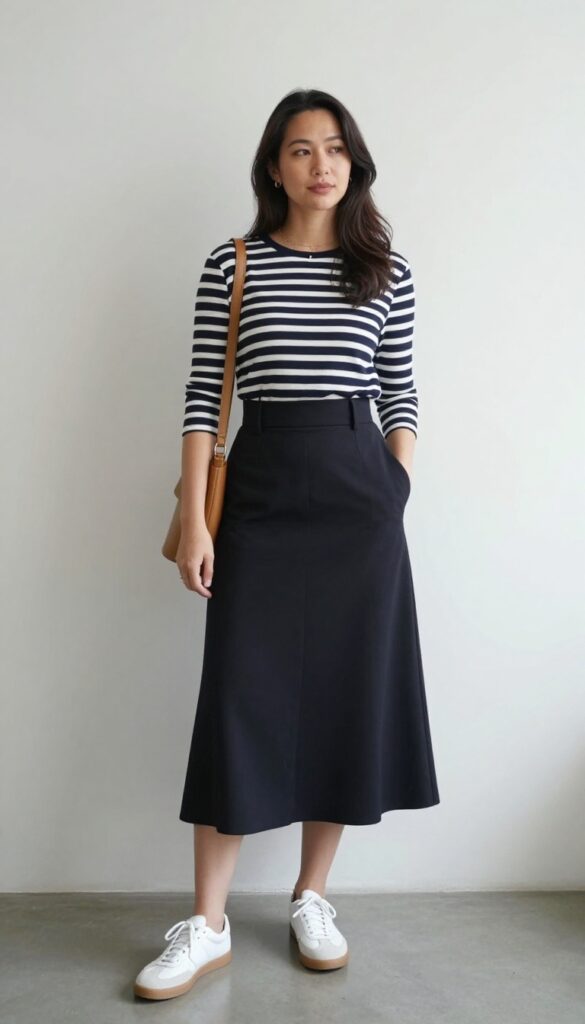 2. Black A-Line Skirt + Striped Breton Top