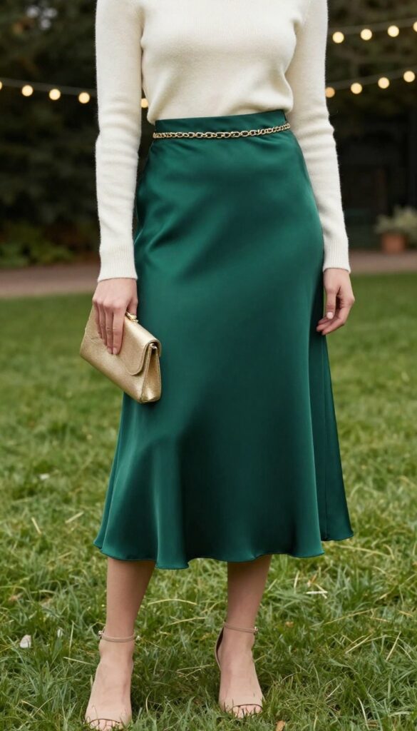 Woman in emerald satin midi skirt and cream knit top at backyard wedding