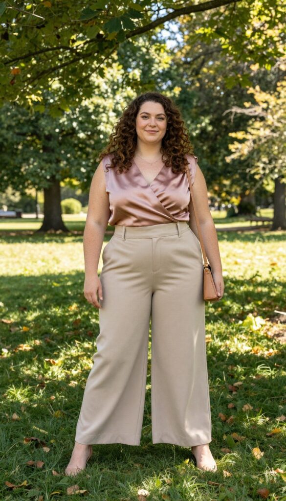 7. Wrap Top with Wide-Leg Trousers for a Polished Look