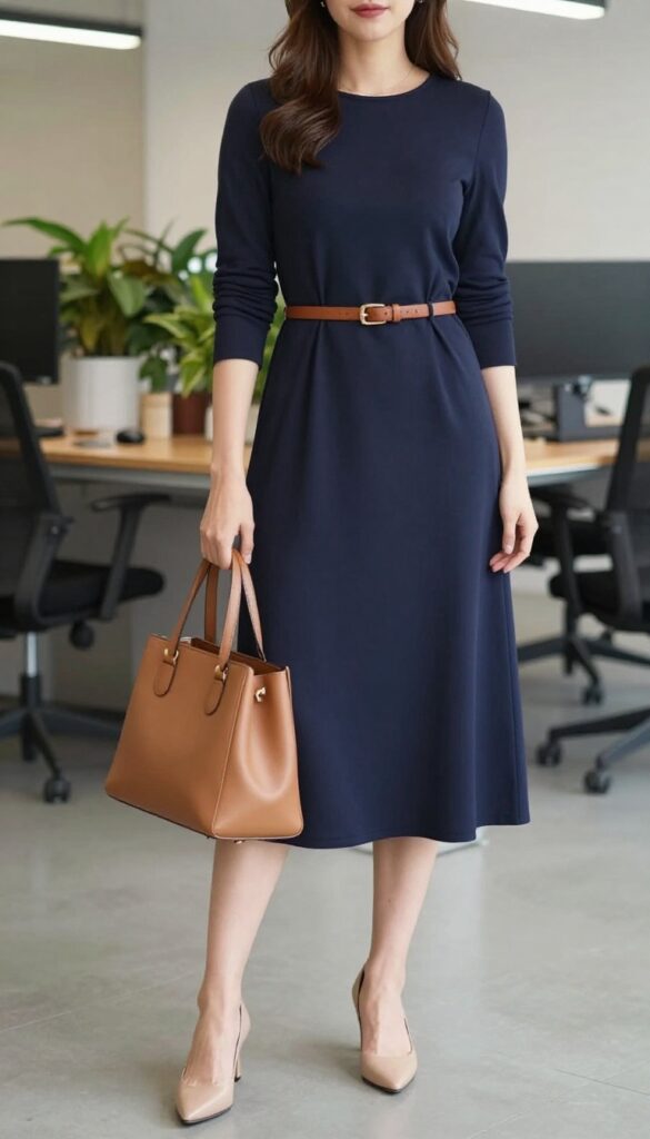 2. Long-Sleeve Midi Dress with a Belt