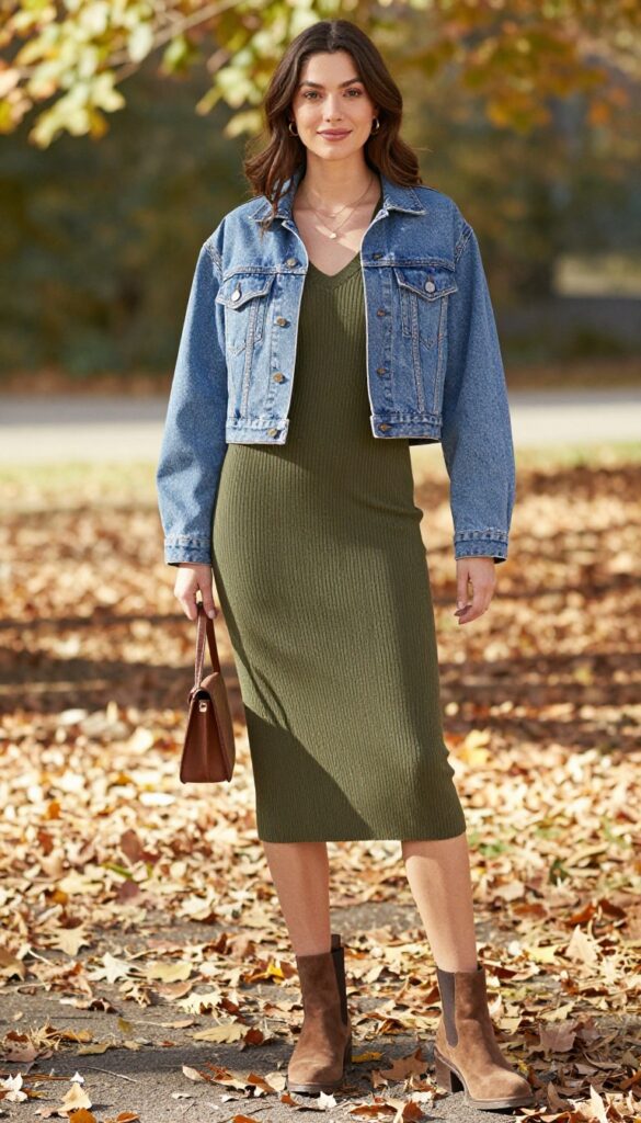 2. Knit Midi Dress + Ankle Boots + Denim Jacket