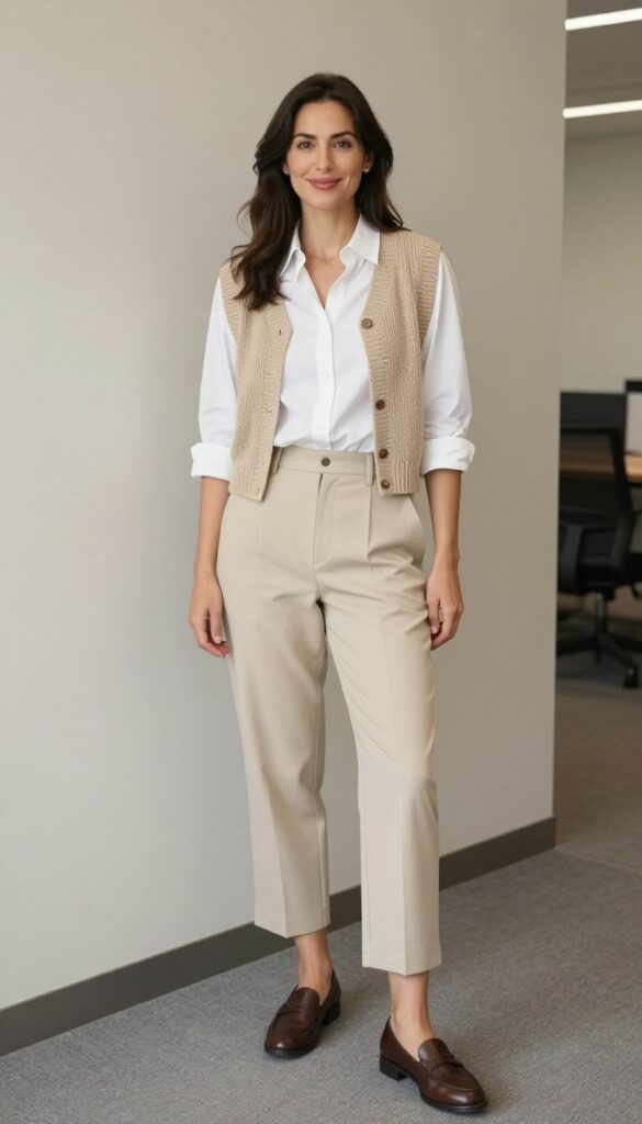 4. Knit Vest + Button-Down + Cropped Trousers