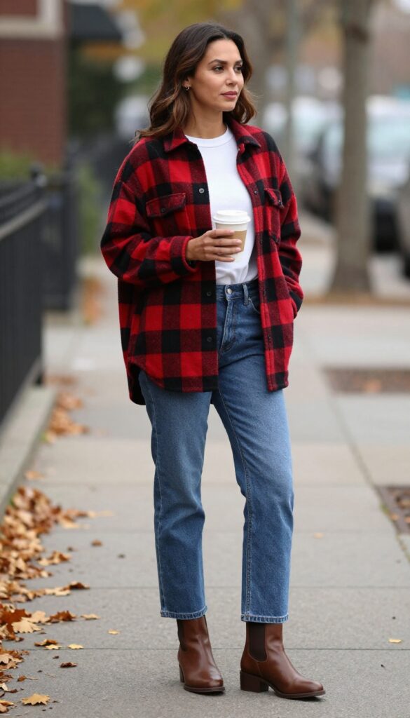 2. Flannel Shirt + Straight-Leg Jeans + Ankle Boots