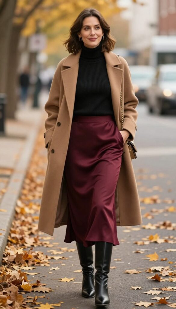 2. Turtleneck + Satin Maxi Skirt + Knee-High Boots