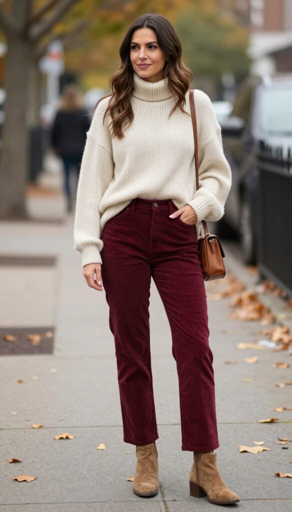 5. Burgundy Corduroy Pants + Cream Sweater + Ankle Boots