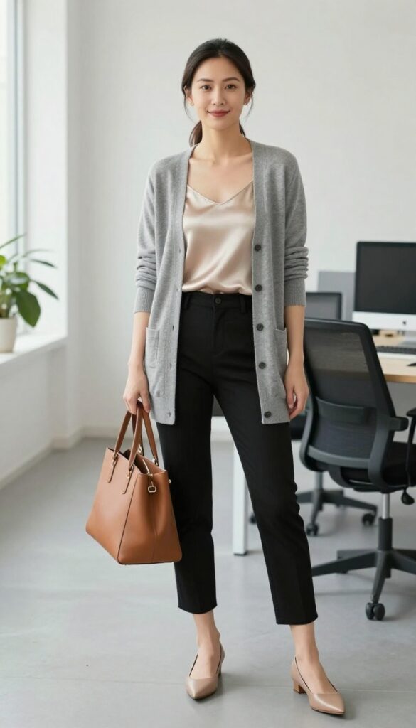 7. Cardigan + Silk Camisole + Cigarette Pants