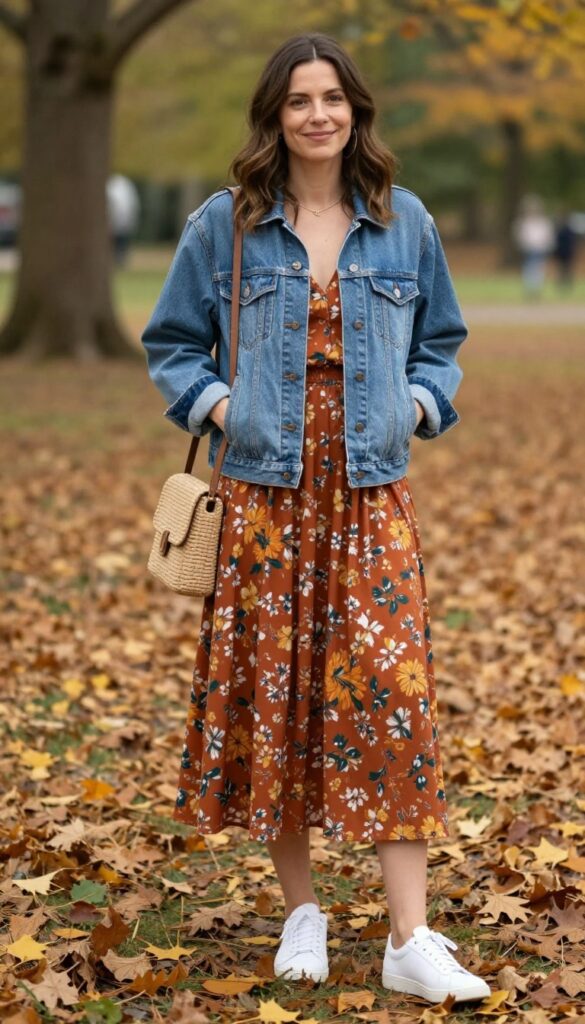 3. Denim Jacket and Floral Maxi Skirt