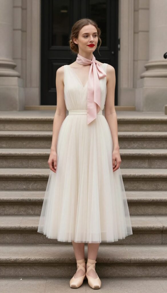 Woman in sleeveless tulle wedding dress with silk scarf and ballet flats at city hall