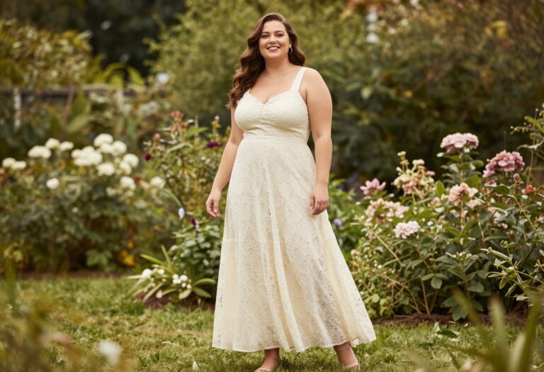 Plus size woman in ivory lace maxi dress for engagement photos in garden