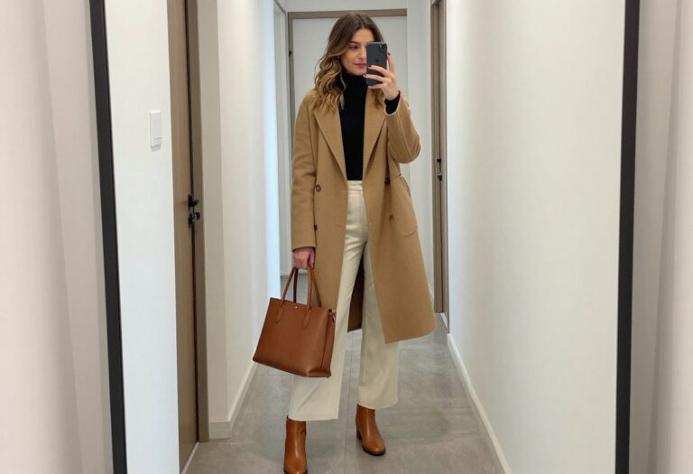 Woman in camel coat, black turtleneck, and wide-leg trousers for fall office outfit