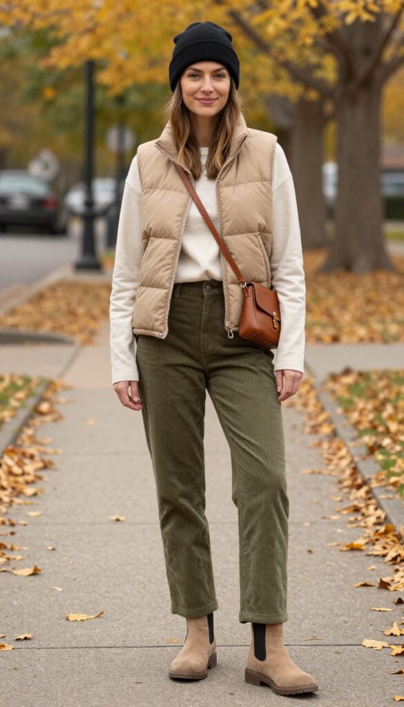 6. Puffer Vest and Corduroy Pants