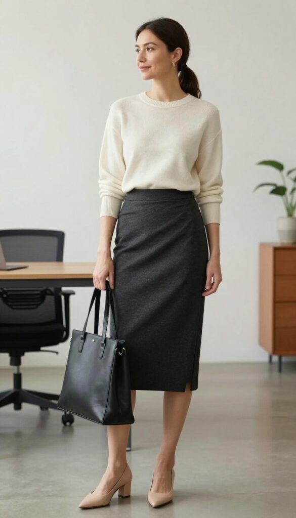 13. Asymmetrical Hem Skirt + Knit Top + Block Heels