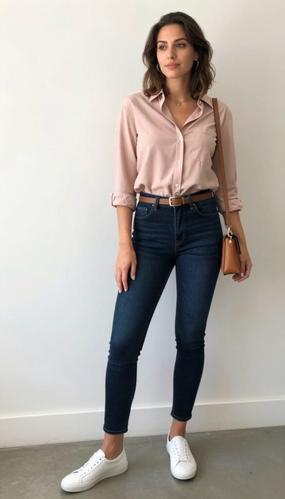 2. Soft Blush Button-Down with Dark Denim and Slip-On Sneakers