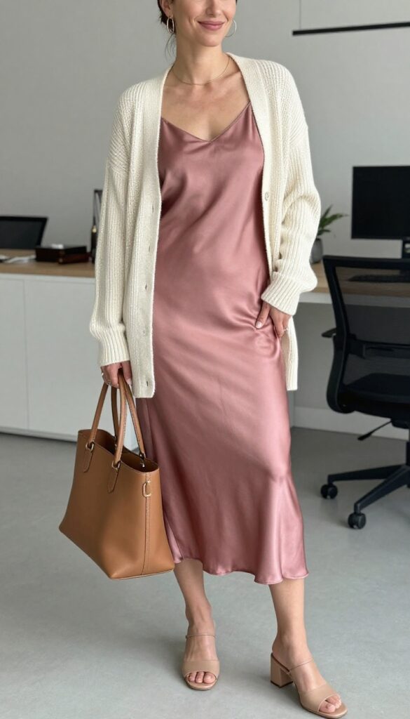 4. The Satin Slip Dress Under a Cardigan