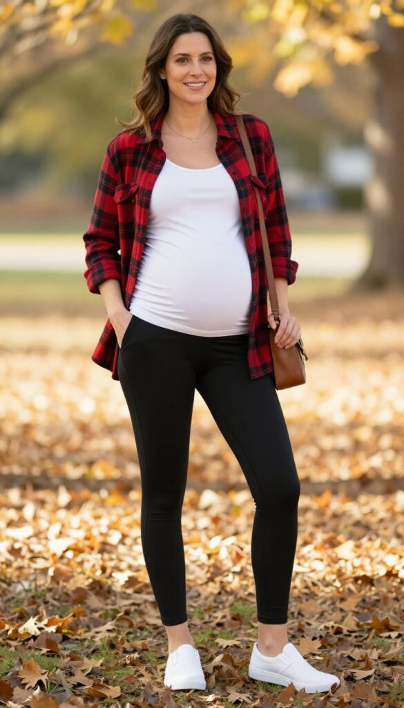 4. Plaid Button-Down Shirt Over a Maternity Tank with Black Leggings