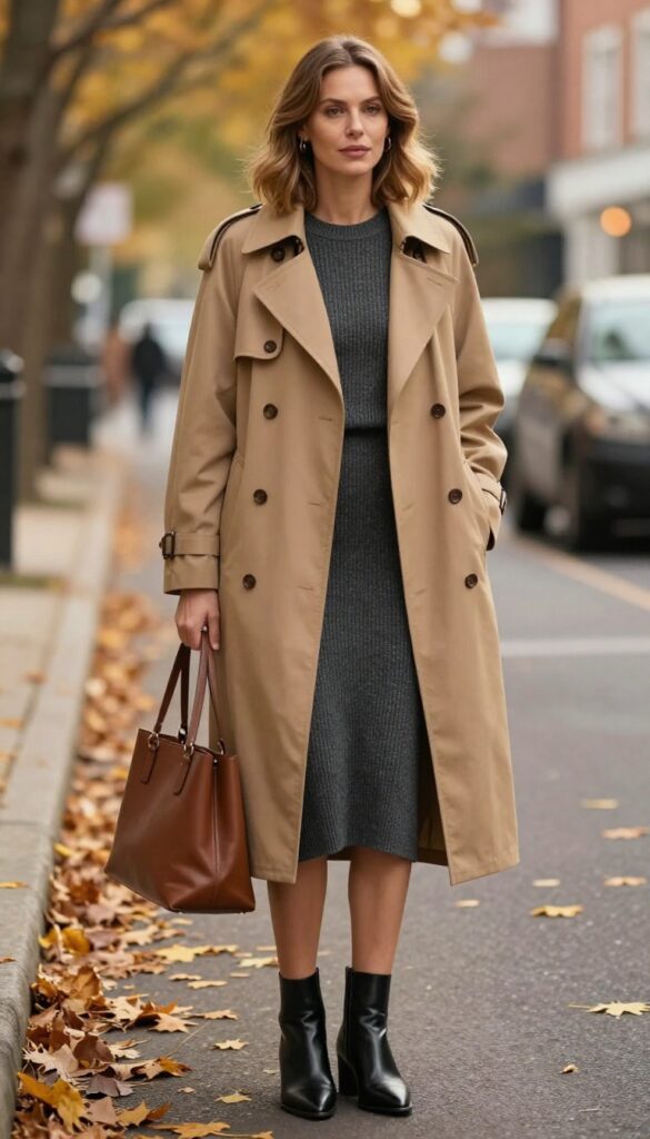 10. Trench Coat + Knit Dress + Ankle Boots