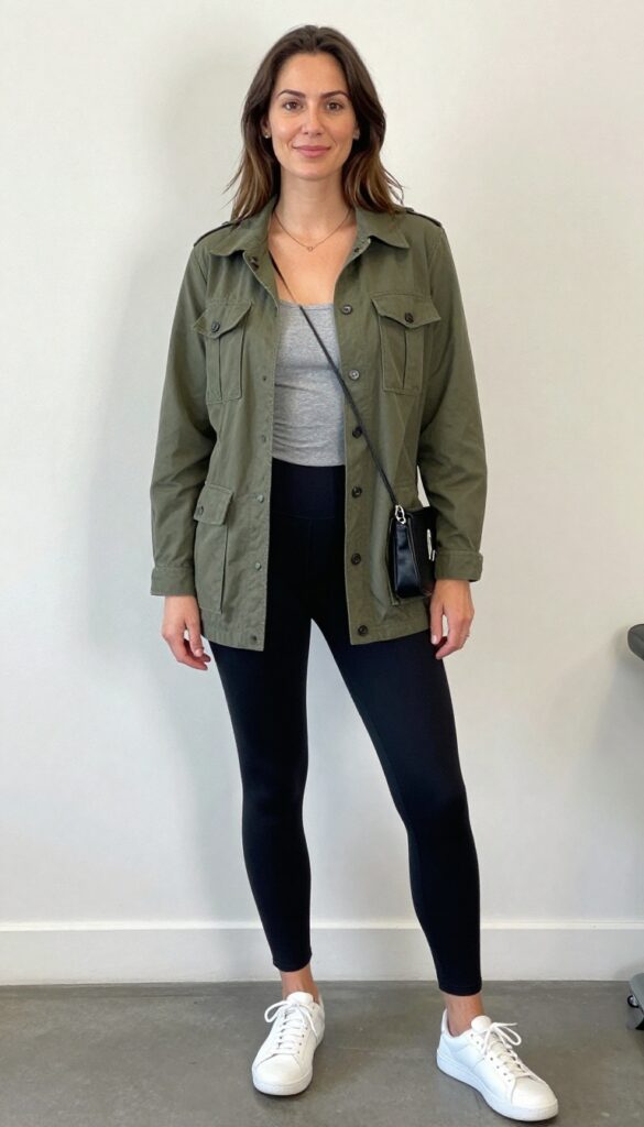 4. Olive Utility Jacket Over a Gray Tank and Black Leggings