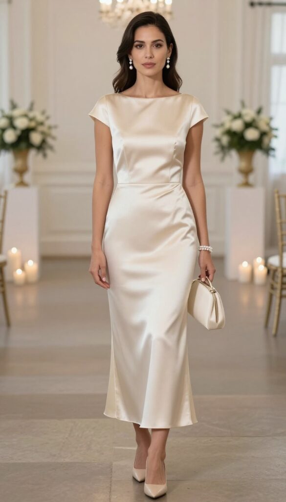 Woman in champagne satin cap sleeve wedding dress with pearl earrings, pearl bracelet, ivory satin clutch, and nude pointed pumps, standing in an elegant ballroom.