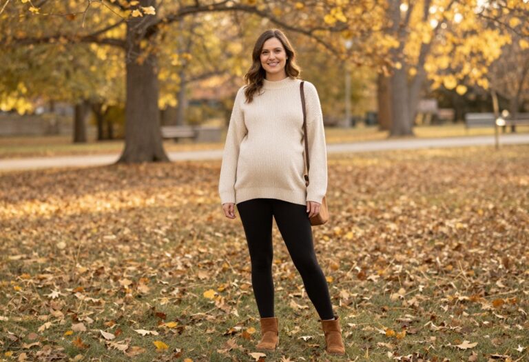 Pregnant woman in oversized sweater, leggings, and ankle boots in fall park