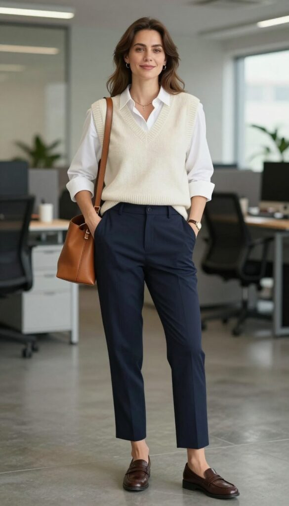 2. Knit Vest Over a Button-Down Shirt