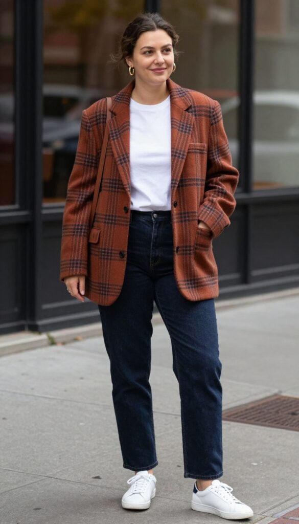 3. Plaid Blazer over a Simple Tee with Dark Wash Jeans