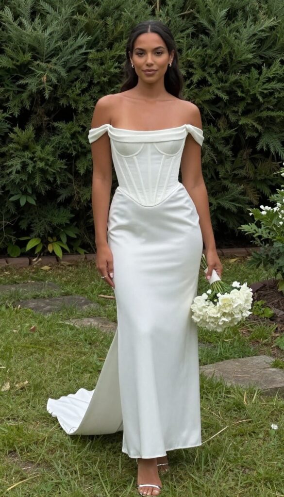 Woman in white off-the-shoulder corset dress with high-low hemline and strappy heels at garden wedding