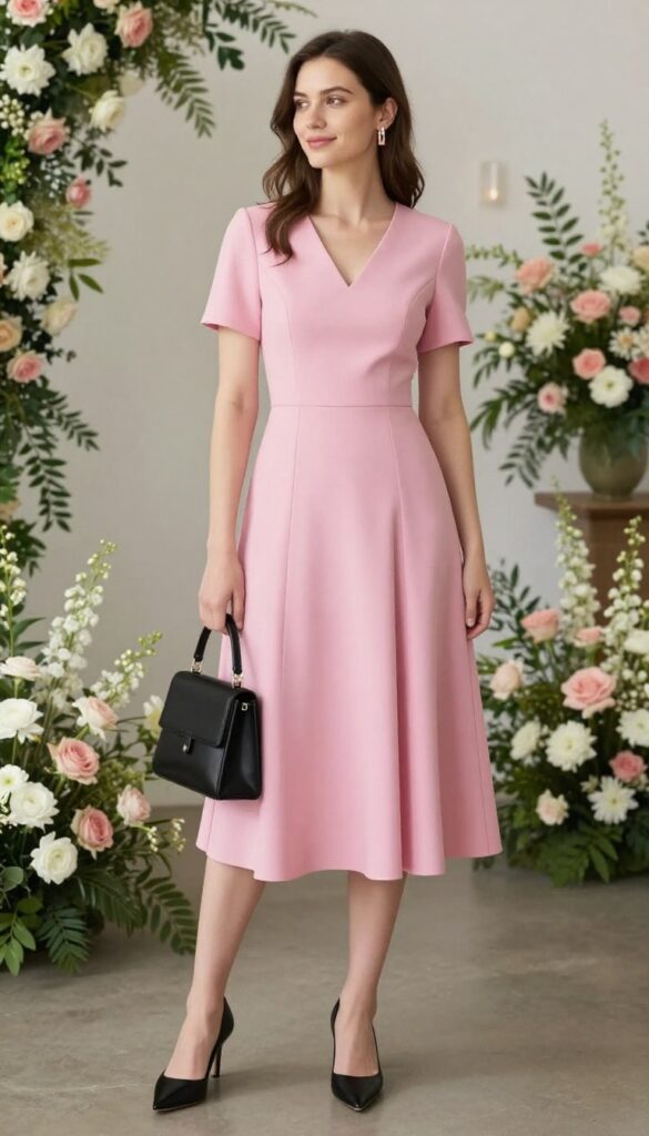 Woman in fuchsia fit-and-flare dress with black heels and bag at wedding reception