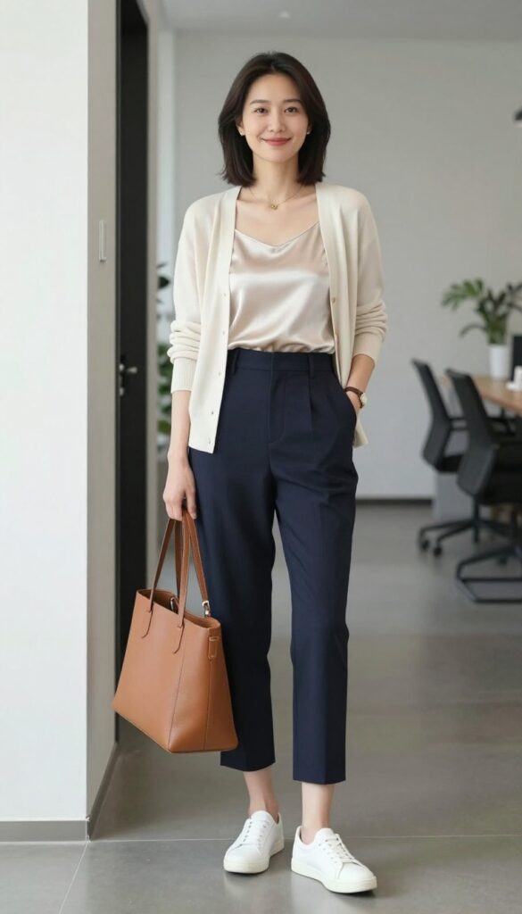 8. Cardigan + Silk Camisole + Tailored Shorts + Slip-On Sneakers