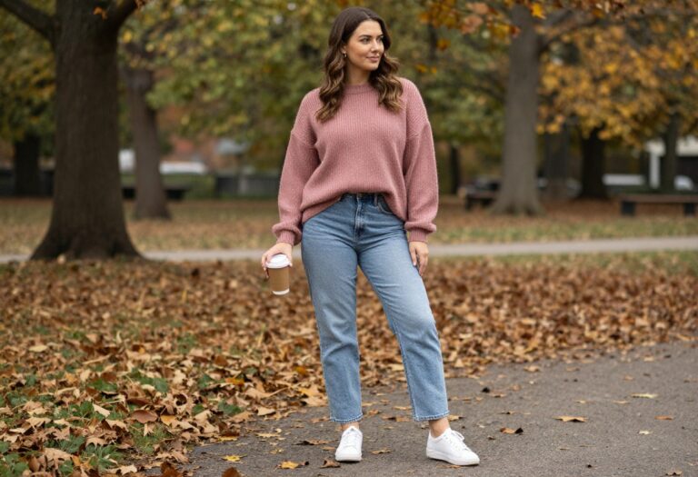 Woman in dusty rose sweater and jeans holding coffee in autumn park