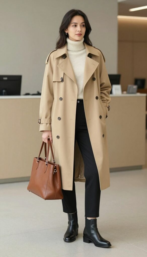 6. Trench Coat + Turtleneck + Ankle Pants