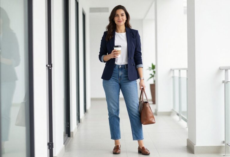 Woman in blazer and jeans standing in office hallway