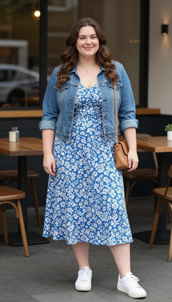 2. Denim Jacket Over a Floral Midi Dress