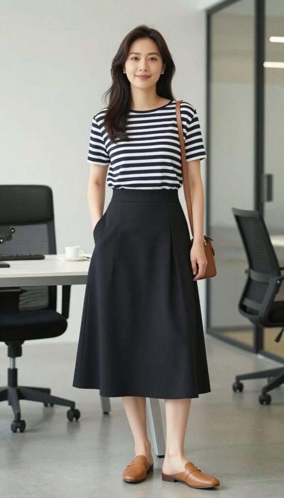 7. Striped Boatneck Top + Black A-Line Skirt + Mules