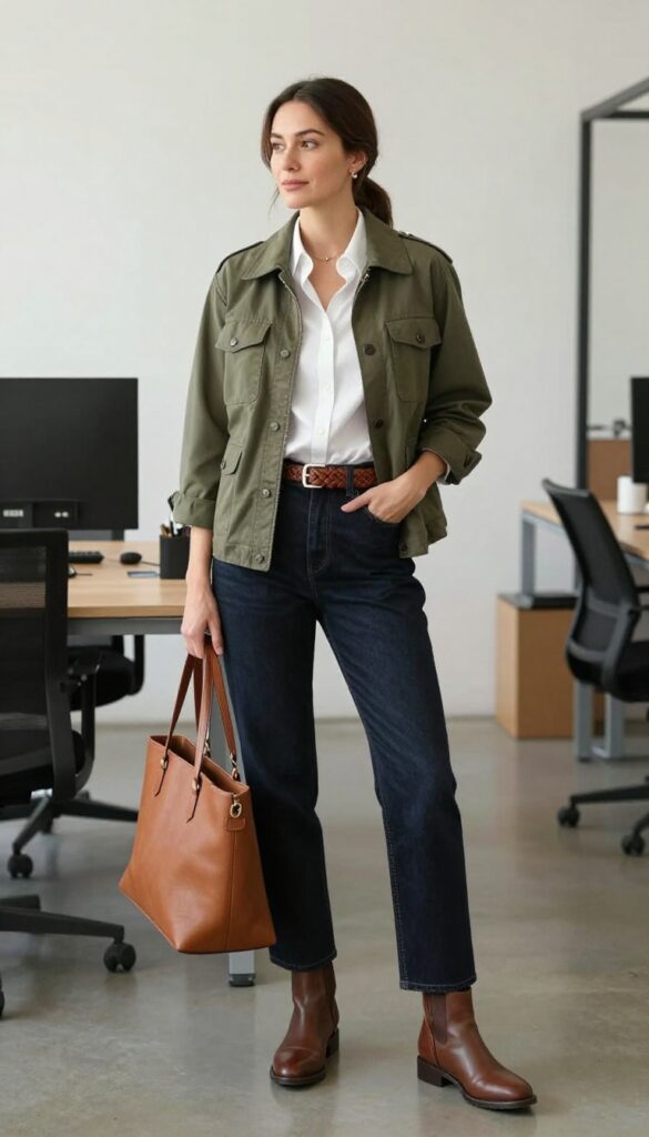 5. Olive Utility Jacket + White Button-Down + Dark Wash Jeans
