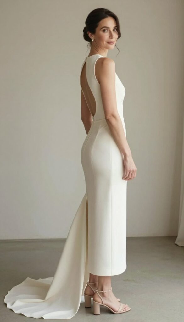 Young woman in backless crepe dress with train at formal evening wedding venue, drop earrings, strappy heels, sleek updo.