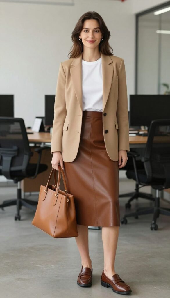 6. Camel Blazer + White Tee + Brown Leather Skirt + Loafers
