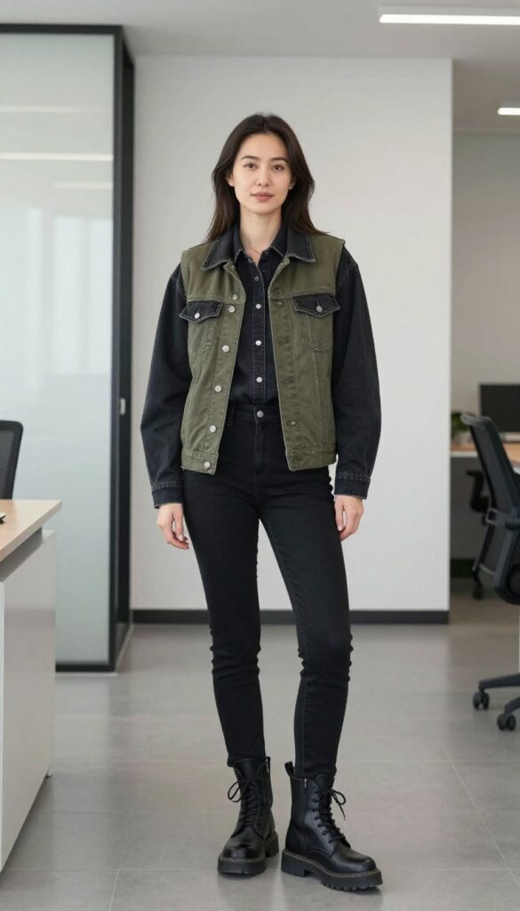 10. Vest with a Denim Jacket Layered Underneath