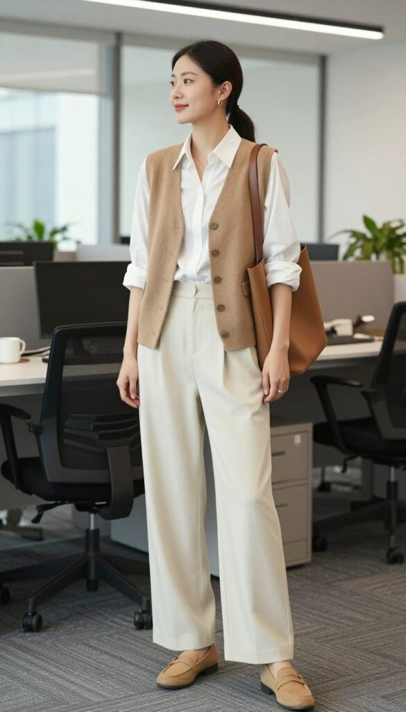 11. The Vest + Button-Down + Wide-Leg Pants