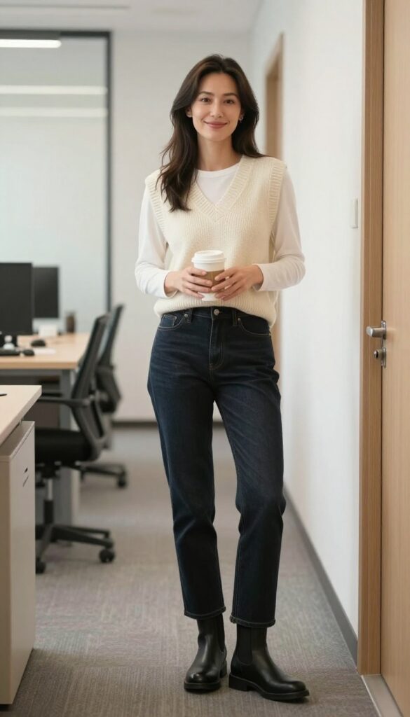 8. Knit Vest + Bootcut Jeans + Chelsea Boots