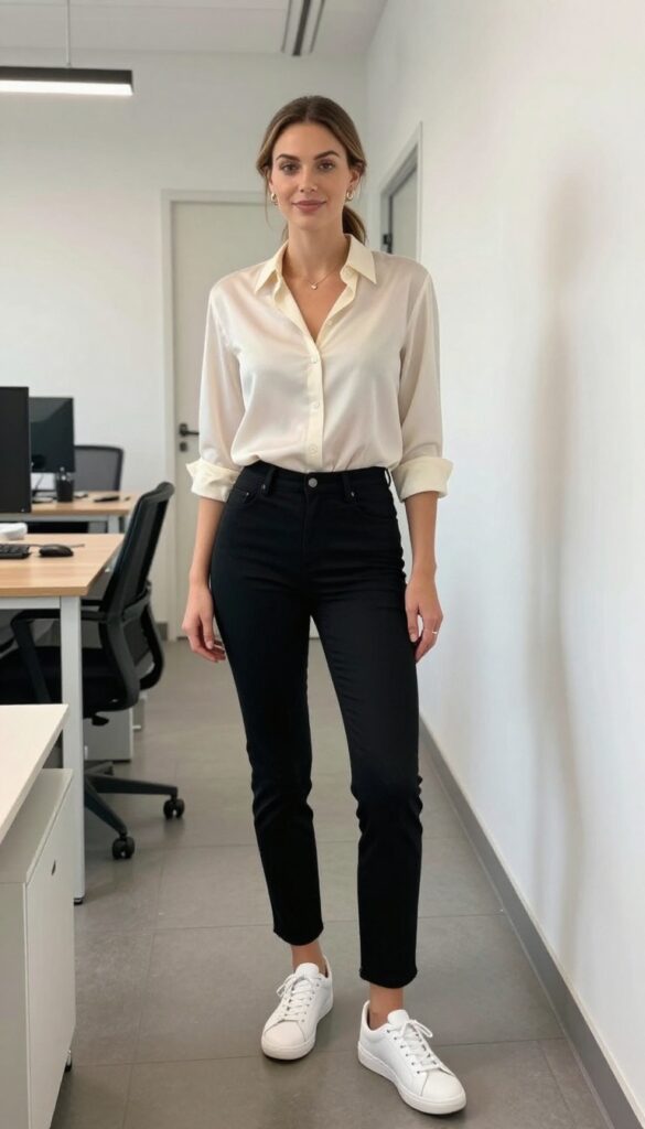 9. Cigarette Pants + Silk Blouse + Low-Top Sneakers